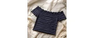Aeropostale Navy & White Striped Off Shoulder Bardot Top M thumbnail 4