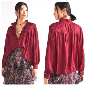 Anthropologie Relaxed Shimmer Satin Blouse Women XS Dark‎ Cherry Boho Minimalist thumbnail 2