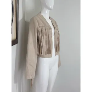Women’s Boho Western Fringe Faux Suede Jacket Beige Festival Cowgirl Size L thumbnail 3