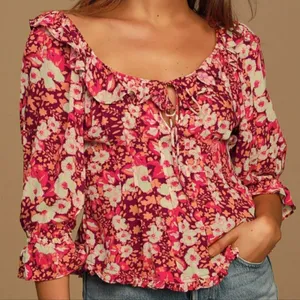 Free People Red Fruit Punch Sweet Memories Smocked Waist Boho Blouse M thumbnail 1
