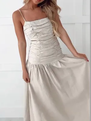 Cream Maxi Dress with Rushed Detailing thumbnail 1