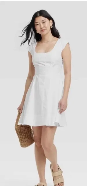 A‎ New Day Women White Cotton Cap Sleeve Square Neck Fit & Flare Mini Dress 12 thumbnail 1