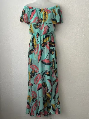 Express Size S Off-Shoulder Aqua Tropical Floral Maxi Dress thumbnail 2
