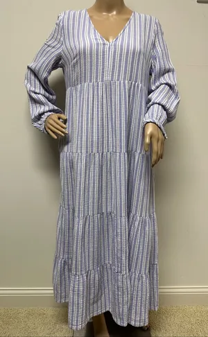 New Universal Thread Blue & White Striped Long Sleeve V-Neck Tiered Maxi Dress S thumbnail 1