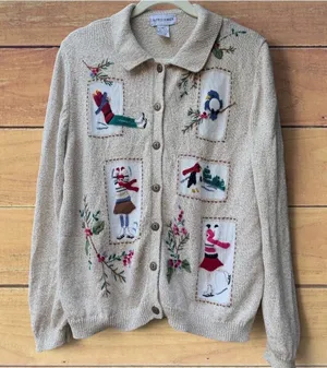 Alfred Dunner Vintage Winter Embroidered Cardigan Sweater Tan XL Ramie Cotton thumbnail 1