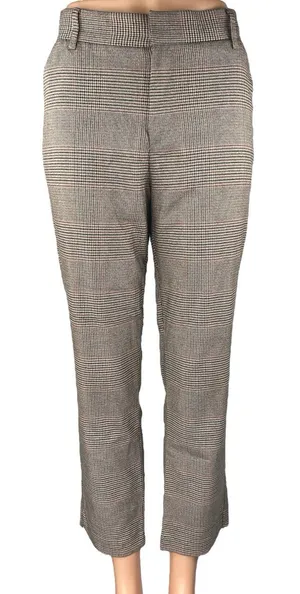 Zara Brown Houndstooth Plaid High Waisted Straight Leg Trousers Dress Pants Sz M thumbnail 1