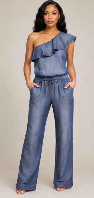 cloth & stone One-Shoulder Ruffle Chambray Jumpsuit in Denim Blue thumbnail 1