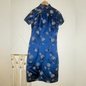 Vtg Cheongsam Dress Blue Floral Mandarin Collar Midi Length Frog Closure thumbnail 2