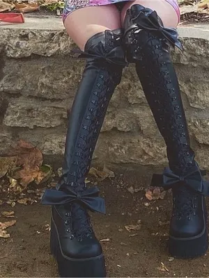 Demonia Kera 303 Black Over-The-Knee Lace-Up Platform Boots with Bows thumbnail 2