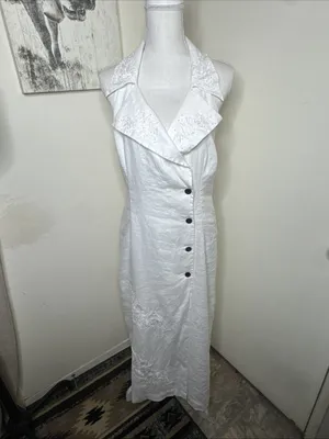 Carol Little White Linen Romantic Maxi Sz 14 Floral Embroidered Minimalist Dress thumbnail 2