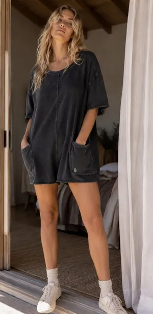 FP Movement Hot Shot Tee Romper Women’s M Black Mineral Wash Oversized Pockets thumbnail 1