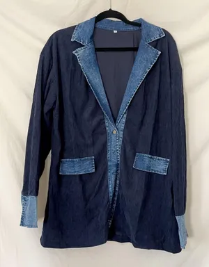 Navy & Blue Denim Corduroy Look Shacket Button Up Shirt S thumbnail 1