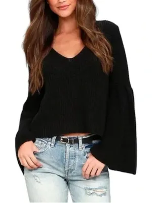 FREE PEOPLE Damsel Flare Sleeve Ribbed Knit Sweater Black‎ Small thumbnail 1