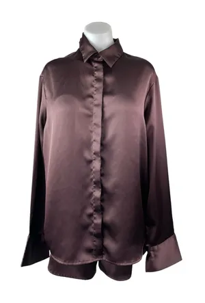 Meshki Women's Black Silk Satin Long Sleeve Button Down Pajama Shorts Set XS/S thumbnail 1