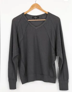 Lulus Chill Time Waffle Knit Long Sleeve Top in Charcoal Grey size M thumbnail 1