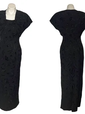 CARMEN MARC VALVO Black Beaded Evening Gown & Bolero Jacket Size 6 thumbnail 9