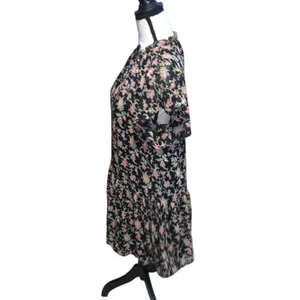 LOFT Dress Black Floral Drop Waist Ruffle Neck Gold Embroidered Polka Dot thumbnail 5