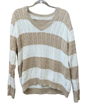 John Galt Striped Cable Knit Sweater One Size Khaki Tan Preppy Casual Relaxed thumbnail 1