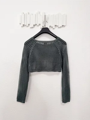 Zenana Ash Jade Crochet Open Knit Cropped Sweater Top Long Sleeve Boho Sheer thumbnail 8
