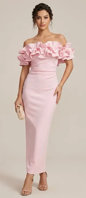 Ladies 9/10 Gorgeous fitted Blush Pink Off-Shoulder Ruffle Evening Gown thumbnail 1
