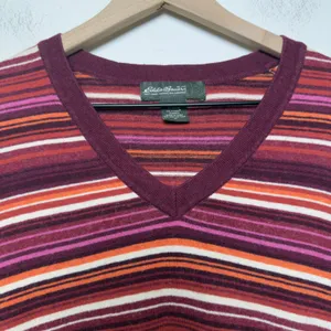 Eddie Bauer Women Cotton Cashmere Sweater Medium Burgundy Striped Retro‎ Indie thumbnail 4