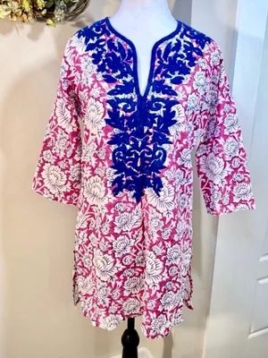 💥Roller Rabbit Pink Floral Embroidered Cotton Tunic Cover Up Top XS💛 thumbnail 3