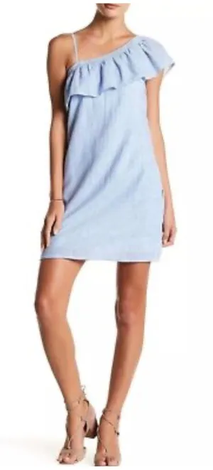 Beachlunchlounge Womens Light Blue One Shoulder Ruffle Linen‎ Blend Shift Dress thumbnail 1