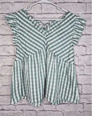 &merci Gingham Peplum Blouse Size L Green White Ruffle Cap Sleeve Tie Back Top thumbnail 1