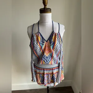 LULUMARI MULTICOLOR GEOMETRIC LONG SLEEVE COLD SHOULDER SWIM COVERUP thumbnail 3