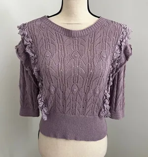 Pointelle Ruffle Knit Sweater Large Purple Boho Chic Coquette Romantic Feminine thumbnail 1
