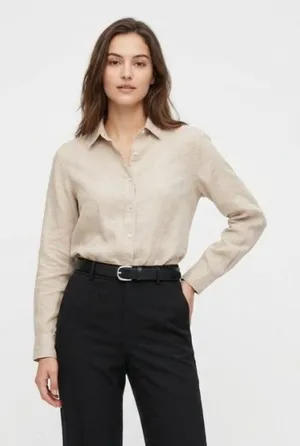 Uniqlo 100% Linen Tan Long Sleeve Button Blouse Top M thumbnail 1