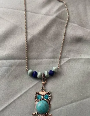 14” Necklace Silver Tone Owl On Branch Pendant Turquoise & Blue Stones thumbnail 3