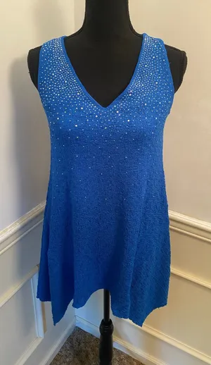 Vocal Apparel Y2K Royal Blue Rhinestone Tunic Tank Top - Handkerchief Hem thumbnail 1