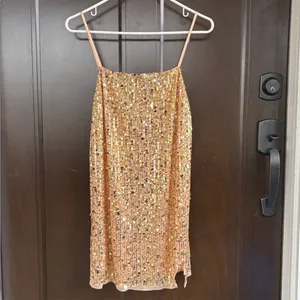 NWT Free People Midnight Kiss Sequined Mini Slip Dress Gold Medium Retail $98.00 thumbnail 4