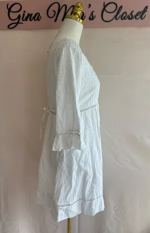 Heidi Klein White Eyelet Cotton Dress with Tie Waist, Size Large thumbnail 3