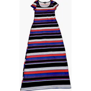 Derek Heart Striped Maxi Dress Med Blue Red White Jersey Knit Short Sleeve VGUC thumbnail 4