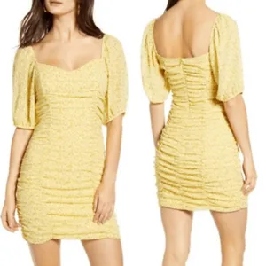 All In Favor Sasha Floral Ruched Mini Dress Yellow Puff Sleeve L NWT thumbnail 2
