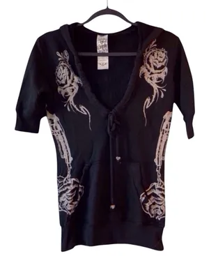 Y2K Crash & Burn Skull Rhinestone Short Sleeve Hoodie Black Size S vintage thumbnail 1