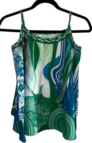 Layered‎ Abstract Tank Top Small Green Blue Flowy Strappy Boho Asymmetrical Top thumbnail 1