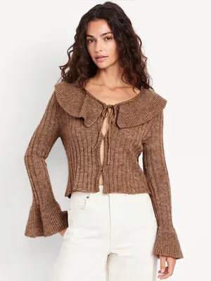 Old Navy Brown Wool Blend Ruffle Tie Front Bell Sleeve Cropped Knit Cardigan NWT thumbnail 10