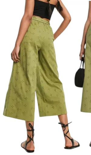 ASOS 12 Khaki Green Broderie Anglaise Wide Leg Crop Belted Pants Bohemian Beach‎ thumbnail 1