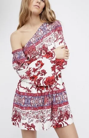 Free‎ People Mini Dress Sz MED Modern Nomad Off-Shoulder Floral Boho Bell Sleeve thumbnail 1
