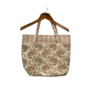 Fabric Tote Used Striped Paisley Gingham Red Beige Excellent Condition thumbnail 2
