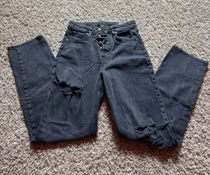 H&M Black High-Rise Distressed Button-Fly Jeans thumbnail 1