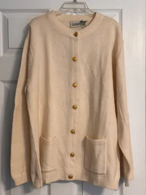 Vintage 80s Classic Elements Cream Gold Button Pockets Grandpacore Cardigan XL thumbnail 1