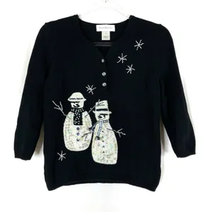 Susan Bristol Black Snowman Embroidered Sequin 3/4 Sleeve Sweater Womens Medium thumbnail 1