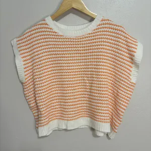 Knit Mix Sweater Vest White Orange Striped Textured Knit Boxy Preppy Coastal L thumbnail 2