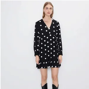 Zara Women's Black White Polka Dot V-Neck Long Sleeve A-Line Mini Dress Size L thumbnail 2