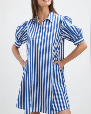 Navy Bleu Royal Stripe Puff Sleeve Shirt Dress thumbnail 1