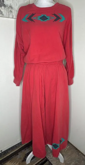 Vintage 80s/90s Western Red Maxi Long Sleeve Dress- Geometric Embroidery Cotton thumbnail 1